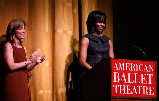 Caroline Kennedy applauds as Michelle Obama speaks during American Ballet Theatre's Spring Gala at the Metropolitan Opera House.